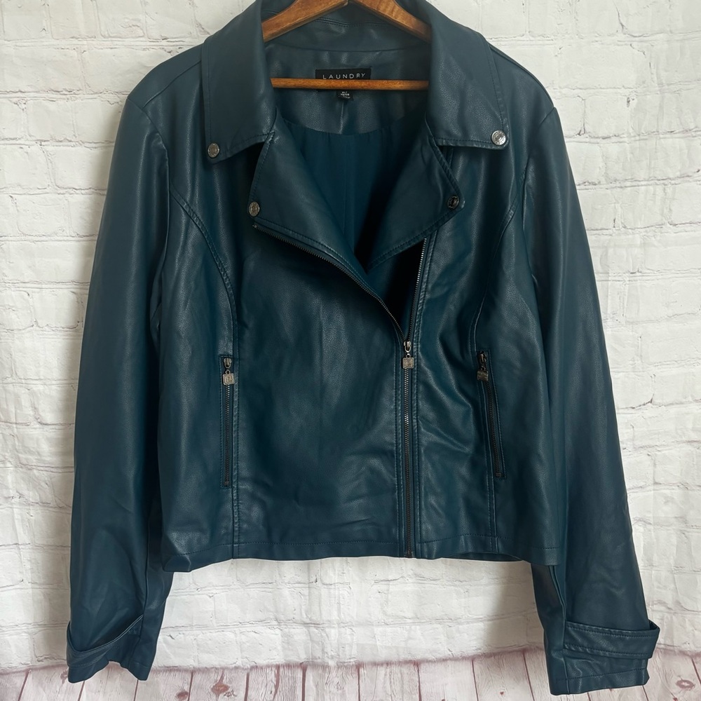 Laundry by Shelli Segal teal blue faux vegan leather moto biker jacket coat XL